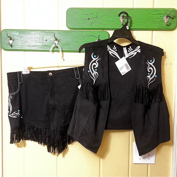 NWT Costume Fringe Cowgirl Vest Shorts W/ Choker White Stitching Blue Rivots XXL - Picture 3 of 13